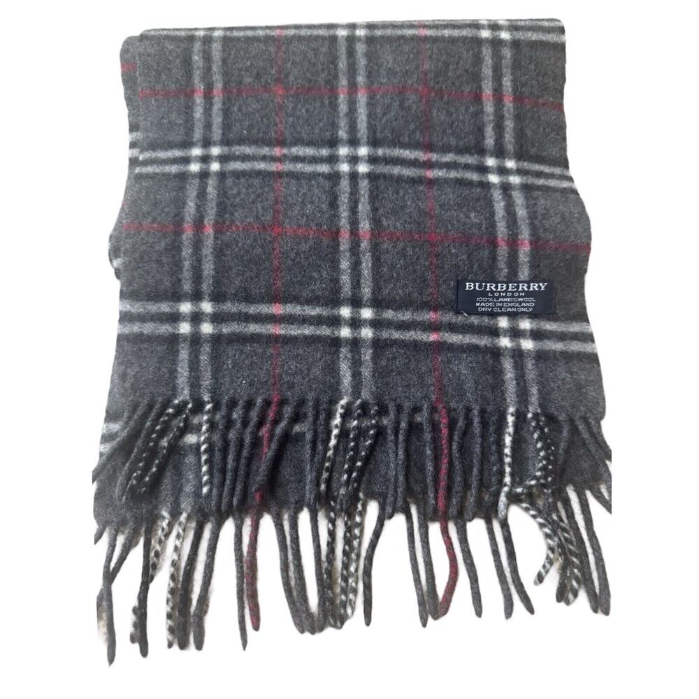 Burberry nova check Grey And Red 100% Lambswool winter Scarf 60 In EUC - Picture 2 of 4